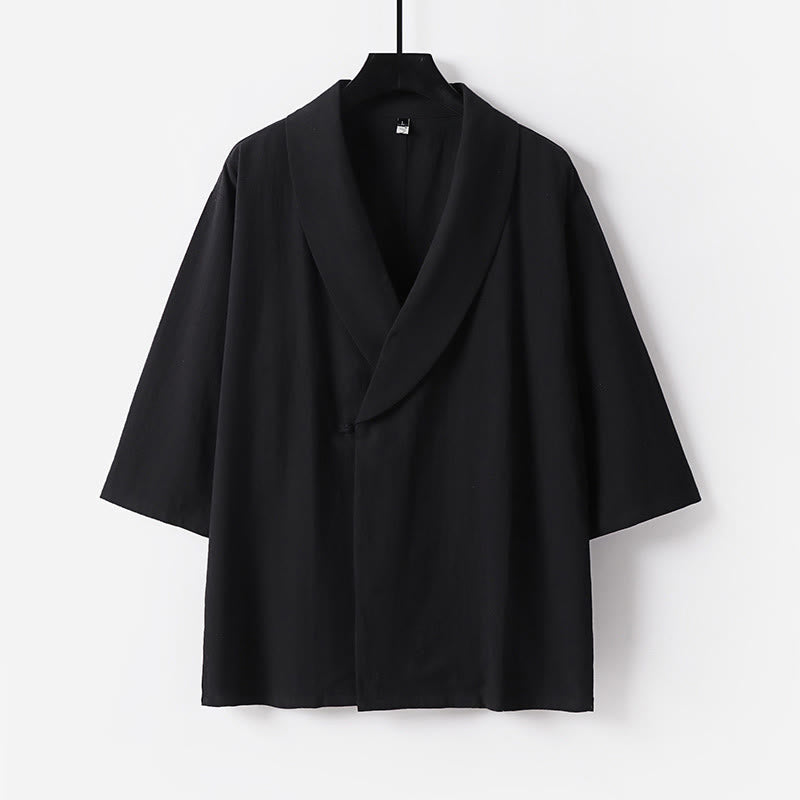 Buddha Stones Camicia estiva da uomo in cotone e lino con scollo a V e risvolto, manica corta - Nero - US/UK/AU54, EU64 (9XL) - image 8