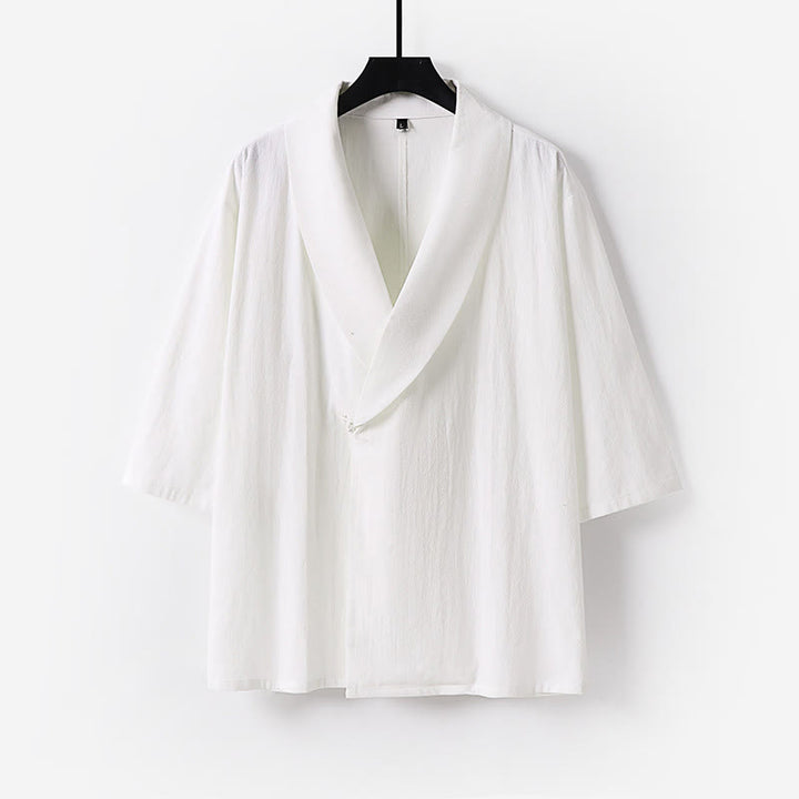 Buddha Stones Camicia estiva da uomo in cotone e lino con scollo a V e risvolto, manica corta - Bianco - US/UK/AU54, EU64 (9XL) - image 9