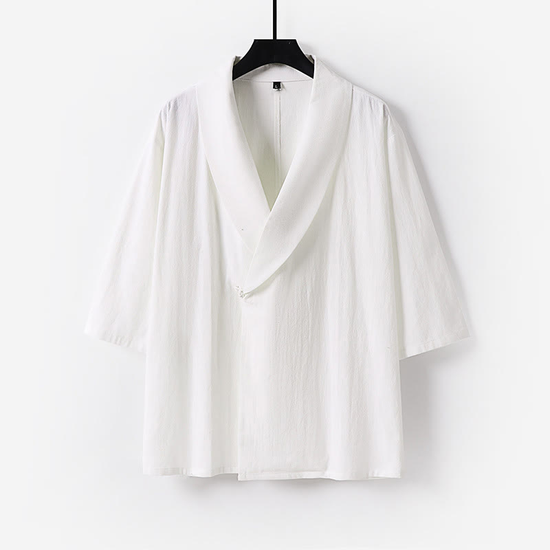 Buddha Stones Camicia estiva da uomo in cotone e lino con scollo a V e risvolto, manica corta - Bianco - US/UK/AU54, EU64 (9XL) - image 9