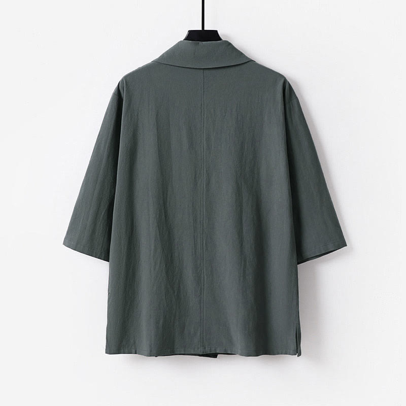 Buddha Stones Camicia estiva da uomo in cotone e lino con scollo a V e risvolto, manica corta - image 1