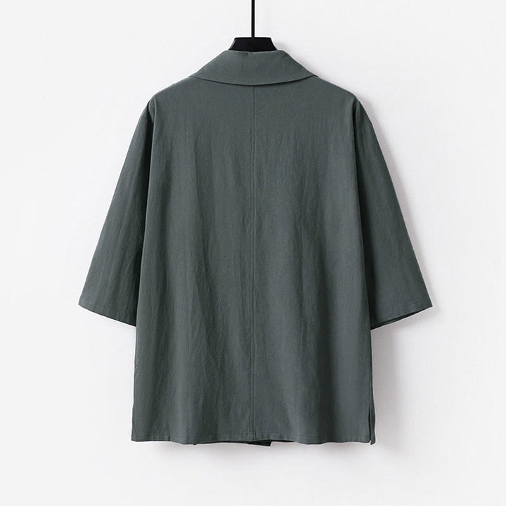 Buddha Stones Camicia estiva da uomo in cotone e lino con scollo a V e risvolto, manica corta - image 1