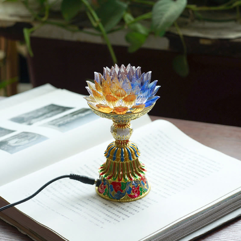 Buddha Stones Base in vetro Lotus Liuli con otto simboli di buon auspicio per la decorazione della casa e l'illuminazione. - Loto multicolore (9*14-16*6,8 cm) - Collegare - image 1