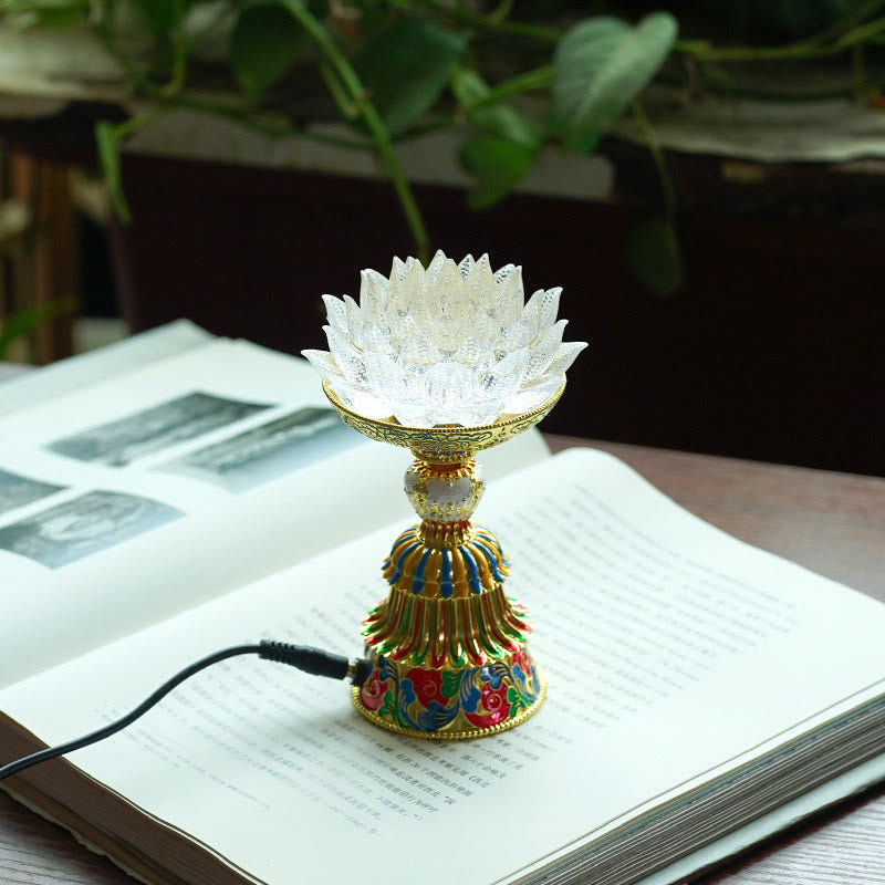 Buddha Stones Base in vetro Lotus Liuli con otto simboli di buon auspicio per la decorazione della casa e l'illuminazione. - Loto bianco (9*14-16*6,8 cm) - Collegare - image 9