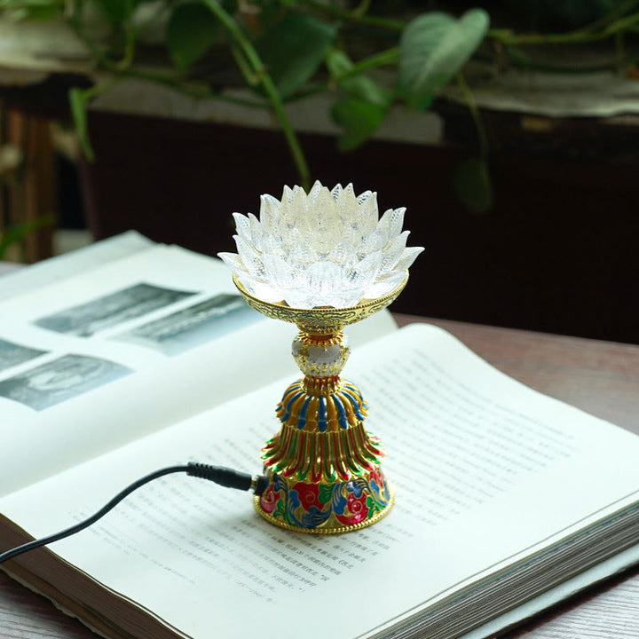 Buddha Stones Base in vetro Lotus Liuli con otto simboli di buon auspicio per la decorazione della casa e l'illuminazione. - Loto bianco (9*14-16*6,8 cm) - Collegare - image 9
