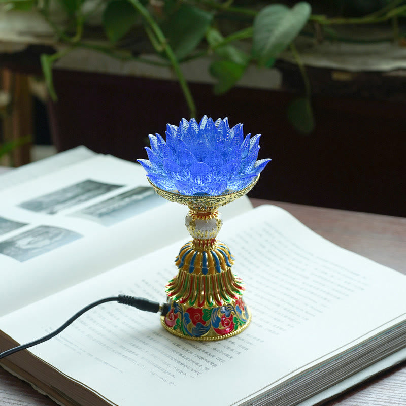 Buddha Stones Base in vetro Lotus Liuli con otto simboli di buon auspicio per la decorazione della casa e l'illuminazione. - Loto blu (9*14-16*6,8 cm) - Collegare - image 10