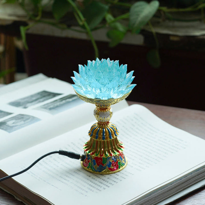 Buddha Stones Base in vetro Lotus Liuli con otto simboli di buon auspicio per la decorazione della casa e l'illuminazione. - Loto azzurro (9*14-16*6,8 cm) - Collegare - image 11