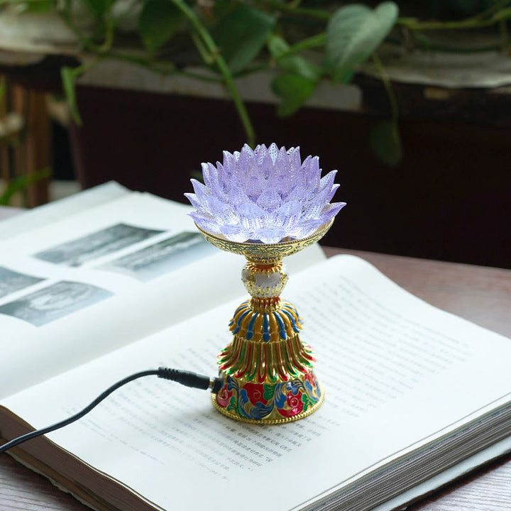 Buddha Stones Base in vetro Lotus Liuli con otto simboli di buon auspicio per la decorazione della casa e l'illuminazione. - Loto viola chiaro (9*14-16*6,8 cm) - Collegare - image 13