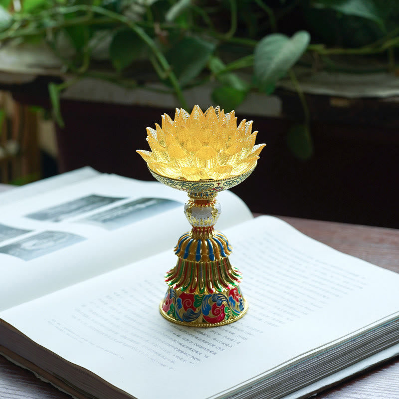 Buddha Stones Base in vetro Lotus Liuli con otto simboli di buon auspicio per la decorazione della casa e l'illuminazione. - Loto dorato (9*14-16*6,8 cm) - Ricaricabile - image 25