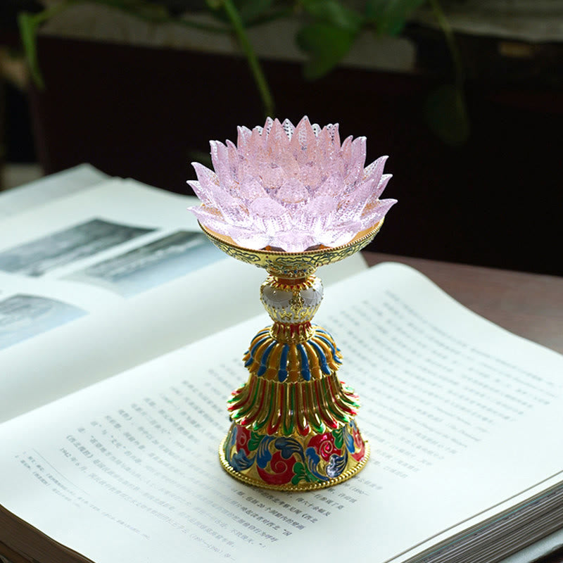 Buddha Stones Base in vetro Lotus Liuli con otto simboli di buon auspicio per la decorazione della casa e l'illuminazione. - Loto rosa (9*14-16*6,8 cm) - Ricaricabile - image 28