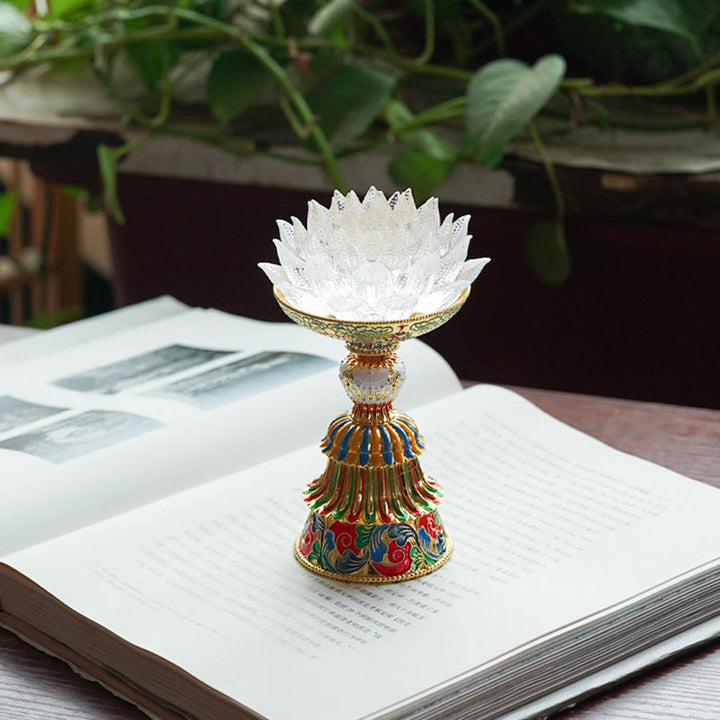 Buddha Stones Base in vetro Lotus Liuli con otto simboli di buon auspicio per la decorazione della casa e l'illuminazione. - Loto bianco (9*14-16*6,8 cm) - Ricaricabile - image 29
