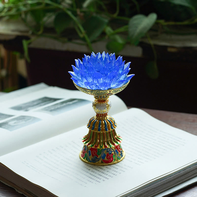 Buddha Stones Base in vetro Lotus Liuli con otto simboli di buon auspicio per la decorazione della casa e l'illuminazione. - Loto blu (9*14-16*6,8 cm) - Ricaricabile - image 30