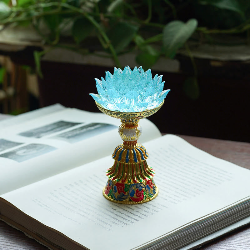 Buddha Stones Base in vetro Lotus Liuli con otto simboli di buon auspicio per la decorazione della casa e l'illuminazione. - Loto azzurro (9*14-16*6,8 cm) - Ricaricabile - image 33