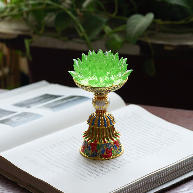 Buddha Stones Base in vetro Lotus Liuli con otto simboli di buon auspicio per la decorazione della casa e l'illuminazione. - Loto verde (9*14-16*6,8 cm) - Ricaricabile - image 34