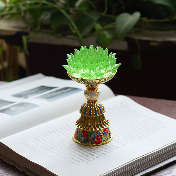 Buddha Stones Base in vetro Lotus Liuli con otto simboli di buon auspicio per la decorazione della casa e l'illuminazione. - Loto verde (9*14-16*6,8 cm) - Ricaricabile - image 34
