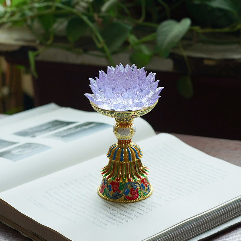 Buddha Stones Base in vetro Lotus Liuli con otto simboli di buon auspicio per la decorazione della casa e l'illuminazione. - Loto viola chiaro (9*14-16*6,8 cm) - Ricaricabile - image 36