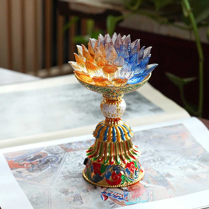 Buddha Stones Base in vetro Lotus Liuli con otto simboli di buon auspicio per la decorazione della casa e l'illuminazione. - image 15
