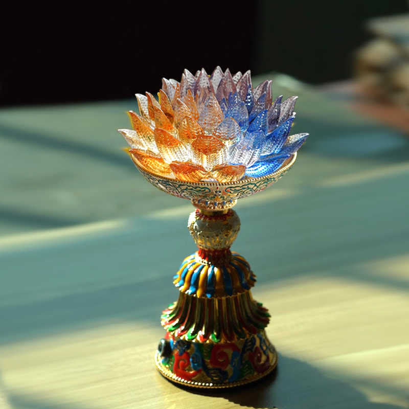 Buddha Stones Base in vetro Lotus Liuli con otto simboli di buon auspicio per la decorazione della casa e l'illuminazione. - Loto multicolore (9*14-16*6,8 cm) - Ricaricabile - image 0