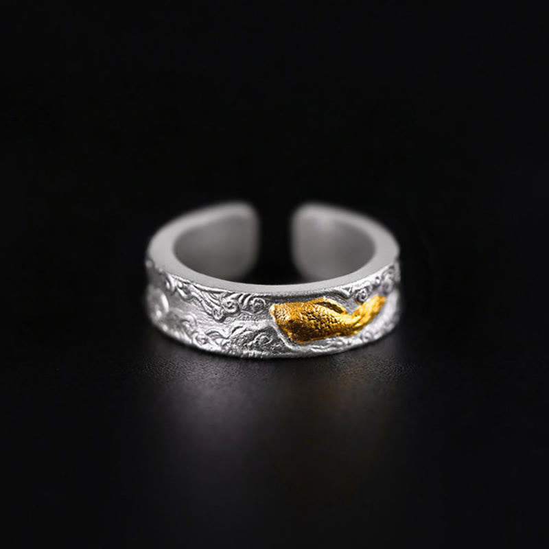 Buddha Stones Anello portafortuna con pesce koi in argento sterling 999 e oro 999, nuvole di buon auspicio - image 2