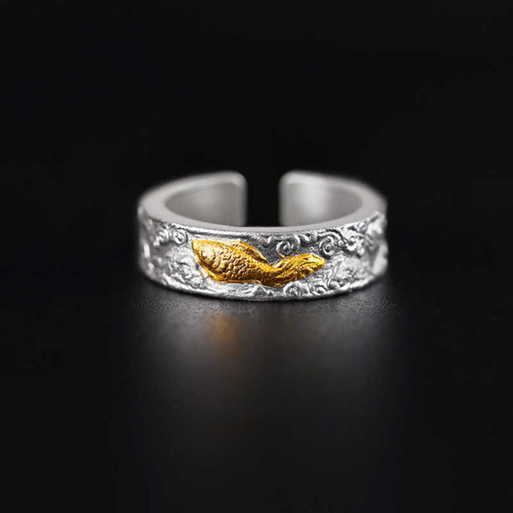 Buddha Stones Anello portafortuna con pesce koi in argento sterling 999 e oro 999, nuvole di buon auspicio - 17,6-20,1 mm (US7-US10) - image 0