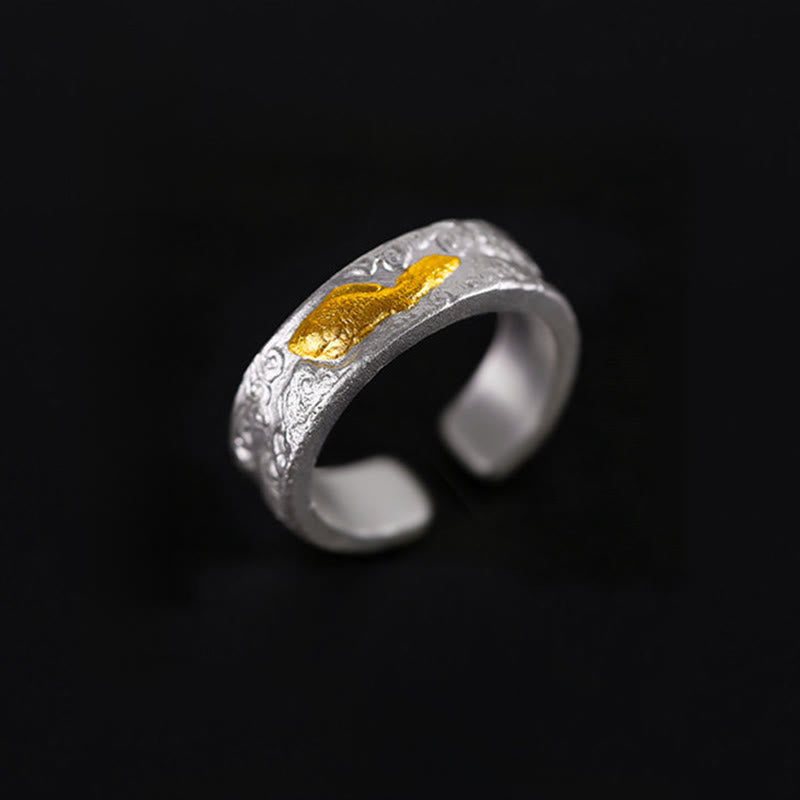 Buddha Stones Anello portafortuna con pesce koi in argento sterling 999 e oro 999, nuvole di buon auspicio - image 1