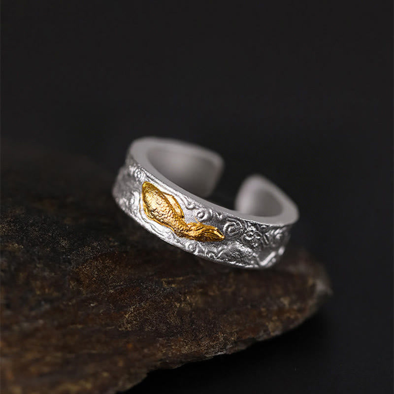 Buddha Stones Anello portafortuna con pesce koi in argento sterling 999 e oro 999, nuvole di buon auspicio - image 3