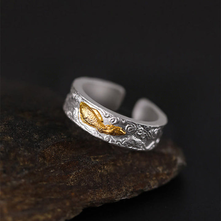 Buddha Stones Anello portafortuna con pesce koi in argento sterling 999 e oro 999, nuvole di buon auspicio - image 3
