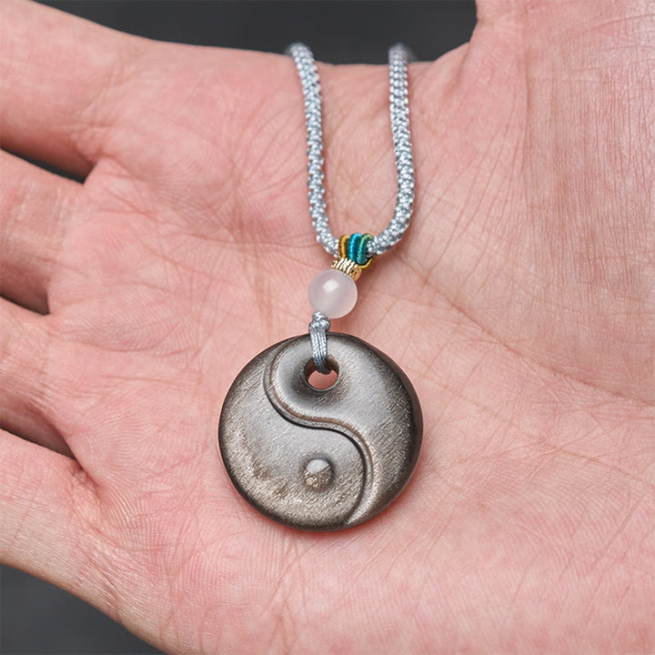 Buddha Stones Collana con ciondolo di protezione in ossidiana lucida argentata con simbolo Yin Yang - image 4