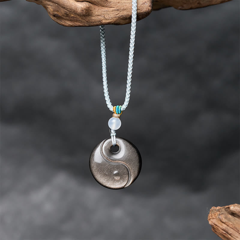 Buddha Stones Collana con ciondolo di protezione in ossidiana lucida argentata con simbolo Yin Yang - image 2