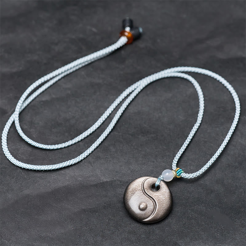 Buddha Stones Collana con ciondolo di protezione in ossidiana lucida argentata con simbolo Yin Yang - image 3