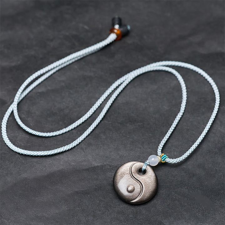 Buddha Stones Collana con ciondolo di protezione in ossidiana lucida argentata con simbolo Yin Yang - image 3