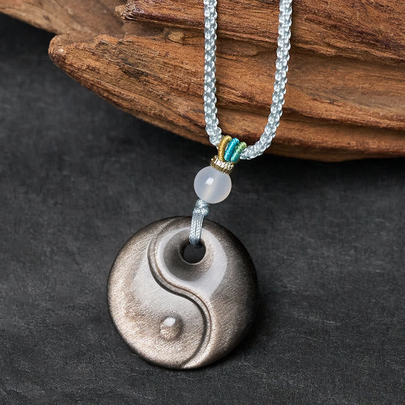Buddha Stones Collana con ciondolo di protezione in ossidiana lucida argentata con simbolo Yin Yang - image 1
