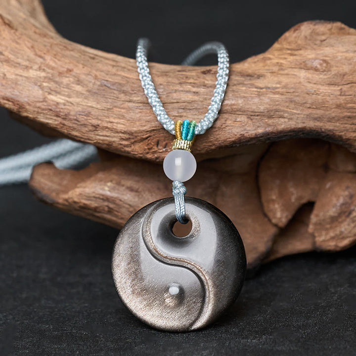 Buddha Stones Collana con ciondolo di protezione in ossidiana lucida argentata con simbolo Yin Yang - Ossidiana argentata - image 0