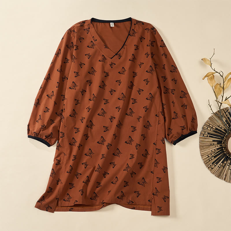 Buddha Stones Camicia da donna in poliestere con scollo a V e maniche lunghe, motivo a farfalla - Siena - US12, UK/AU16, EU44 (2XL) - image 0