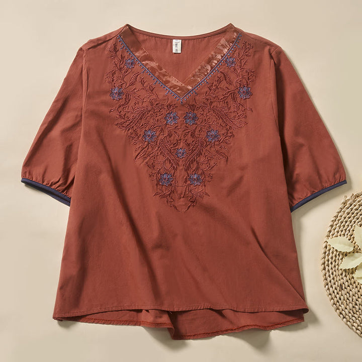 Buddha Stones T-shirt da donna a maniche corte con scollo a V e fantasia floreale a foglie, in poliestere, modello casual. - Rosso Indiano - US8-10, UK/AU12-14, EU40-42 (2XL) - image 6