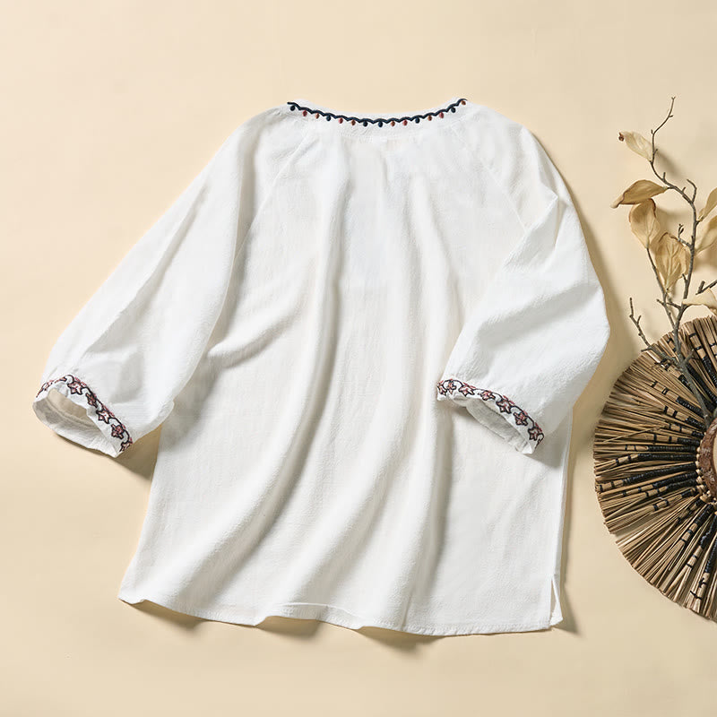 Buddha Stones Camicia da donna estiva in cotone con maniche corte, scollo a V, linee ricamate e lacci - image 8