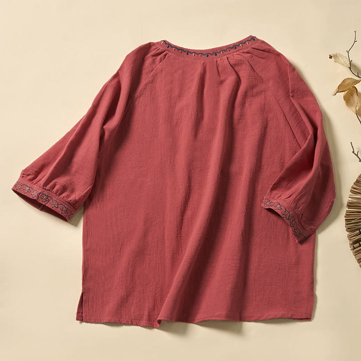 Buddha Stones Camicia da donna estiva in cotone con maniche corte, scollo a V, linee ricamate e lacci - image 6