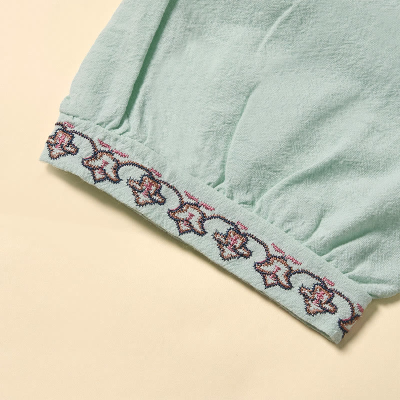 Buddha Stones Camicia da donna estiva in cotone con maniche corte, scollo a V, linee ricamate e lacci - image 3