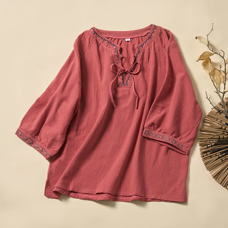 Buddha Stones Camicia da donna estiva in cotone con maniche corte, scollo a V, linee ricamate e lacci - Salmone - US12, UK/AU16, EU44 (3XL) - image 5