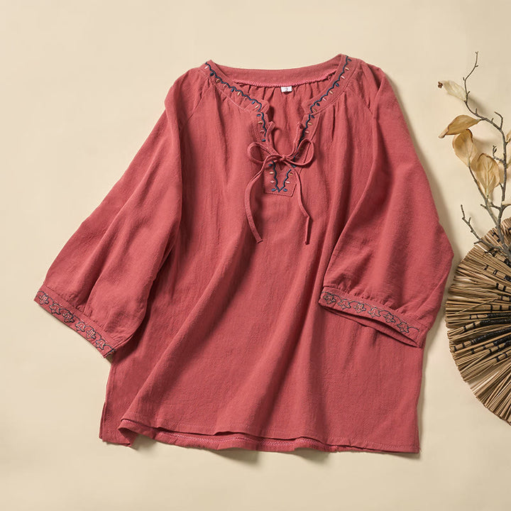 Buddha Stones Camicia da donna estiva in cotone con maniche corte, scollo a V, linee ricamate e lacci - Salmone - US12, UK/AU16, EU44 (3XL) - image 5