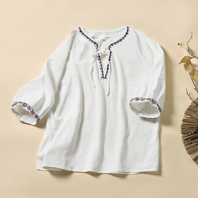 Buddha Stones Camicia da donna estiva in cotone con maniche corte, scollo a V, linee ricamate e lacci - Bianco - US12, UK/AU16, EU44 (3XL) - image 7