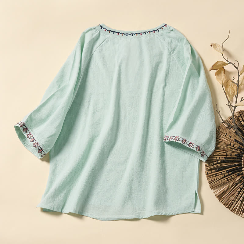 Buddha Stones Camicia da donna estiva in cotone con maniche corte, scollo a V, linee ricamate e lacci - image 1