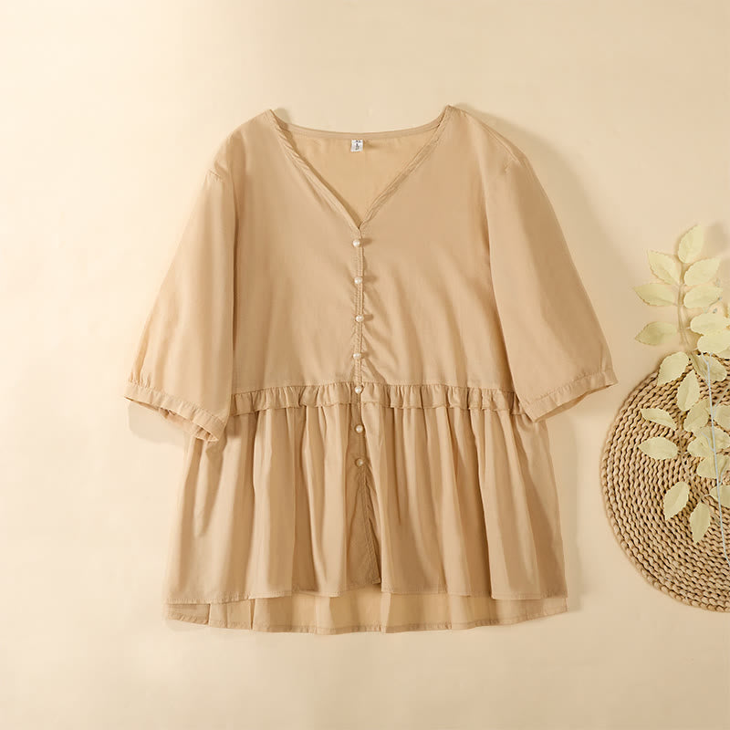 Buddha Stones Camicia da donna a maniche corte con scollo a V, tinta unita, design con bottoni decorativi - Biscotto - US8-10, UK/AU12-14, EU40-42 (2XL) - image 0