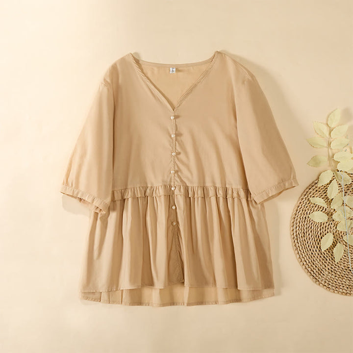 Buddha Stones Camicia da donna a maniche corte con scollo a V, tinta unita, design con bottoni decorativi - Biscotto - US8-10, UK/AU12-14, EU40-42 (2XL) - image 0