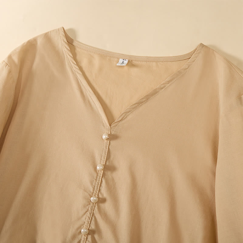 Buddha Stones Camicia da donna a maniche corte con scollo a V, tinta unita, design con bottoni decorativi - image 3