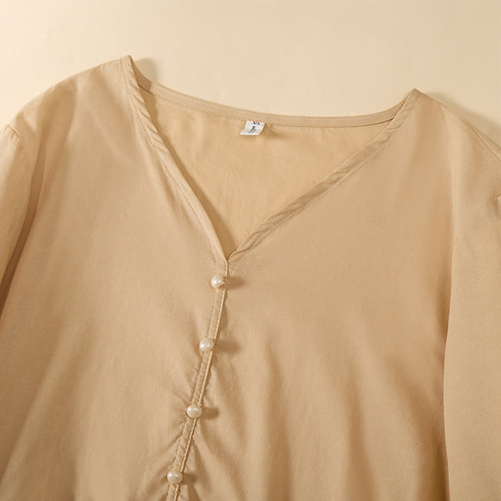 Buddha Stones Camicia da donna a maniche corte con scollo a V, tinta unita, design con bottoni decorativi - image 3