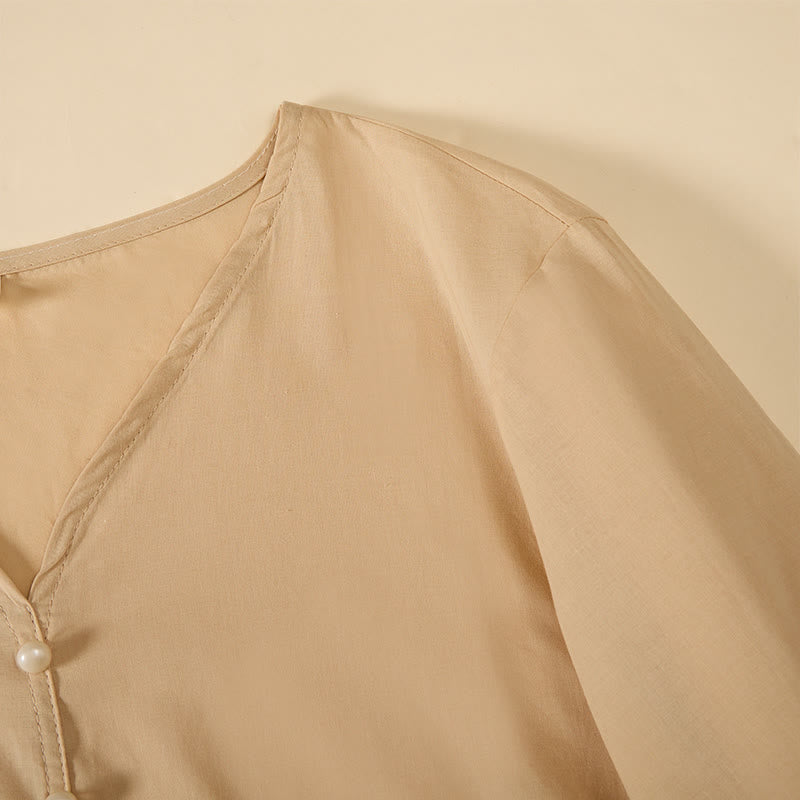 Buddha Stones Camicia da donna a maniche corte con scollo a V, tinta unita, design con bottoni decorativi - image 4