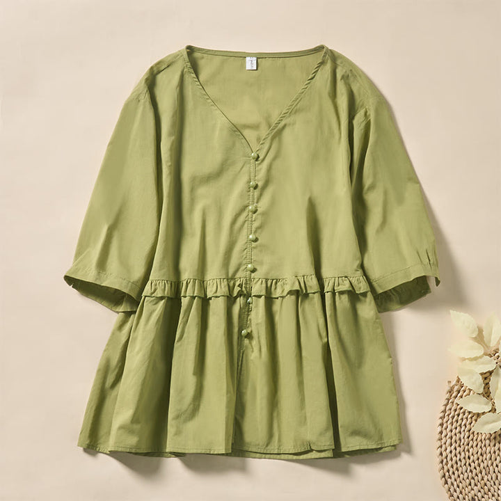 Buddha Stones Camicia da donna a maniche corte con scollo a V, tinta unita, design con bottoni decorativi - GialloVerde - US8-10, UK/AU12-14, EU40-42 (2XL) - image 6