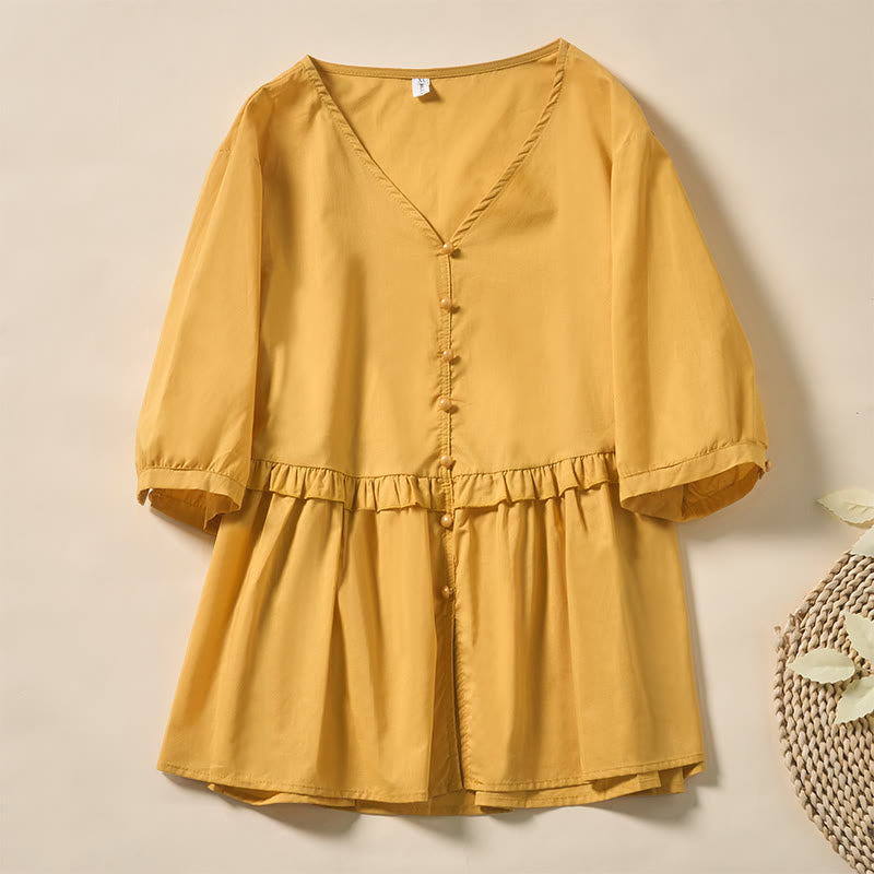 Buddha Stones Camicia da donna a maniche corte con scollo a V, tinta unita, design con bottoni decorativi - Oro - US8-10, UK/AU12-14, EU40-42 (2XL) - image 26