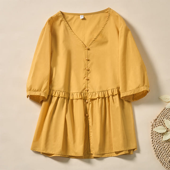 Buddha Stones Camicia da donna a maniche corte con scollo a V, tinta unita, design con bottoni decorativi - Oro - US8-10, UK/AU12-14, EU40-42 (2XL) - image 26