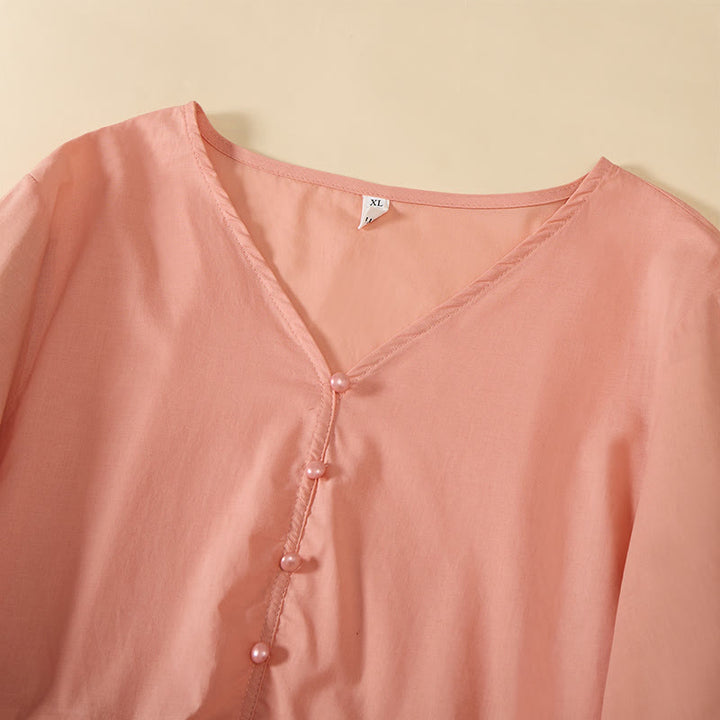 Buddha Stones Camicia da donna a maniche corte con scollo a V, tinta unita, design con bottoni decorativi - image 16